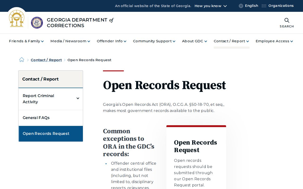 Georgia Department of Corrections Open Records Request page