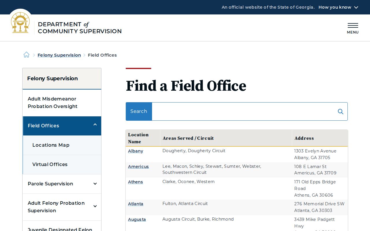 Georgia DCS field office locator for Terrell County probation and parole