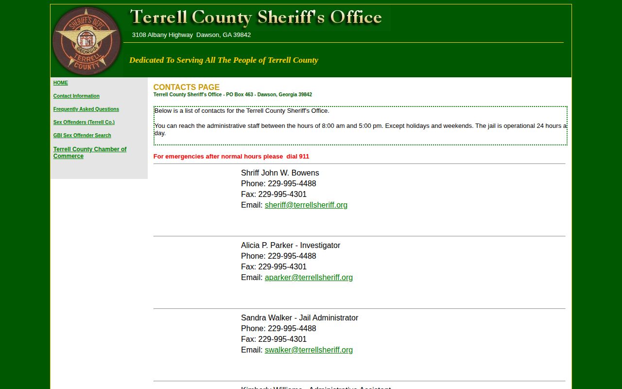 Terrell County 24 hour release contact page